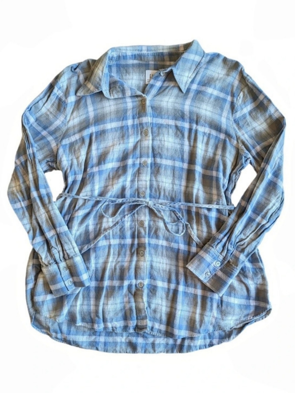 Gap Maternity Nursing Friendly Womens Flannel Plaid Blue Button Down Tie Large